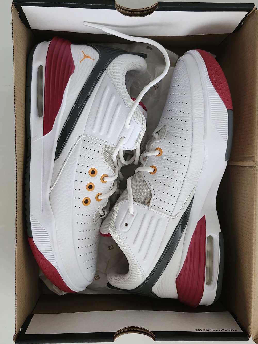 Jordan Max Aura 5 'White Cardinal Red' sneakers (style code DZ4353-160). 2023